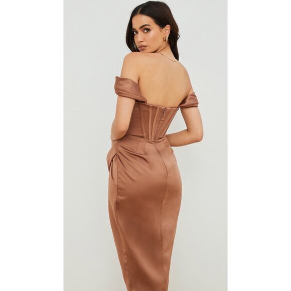 HOUSE OF CB Loretta Brown Toffee Satin Off Shoulder Corset Bustier Drape Dress - Picture 5 of 15